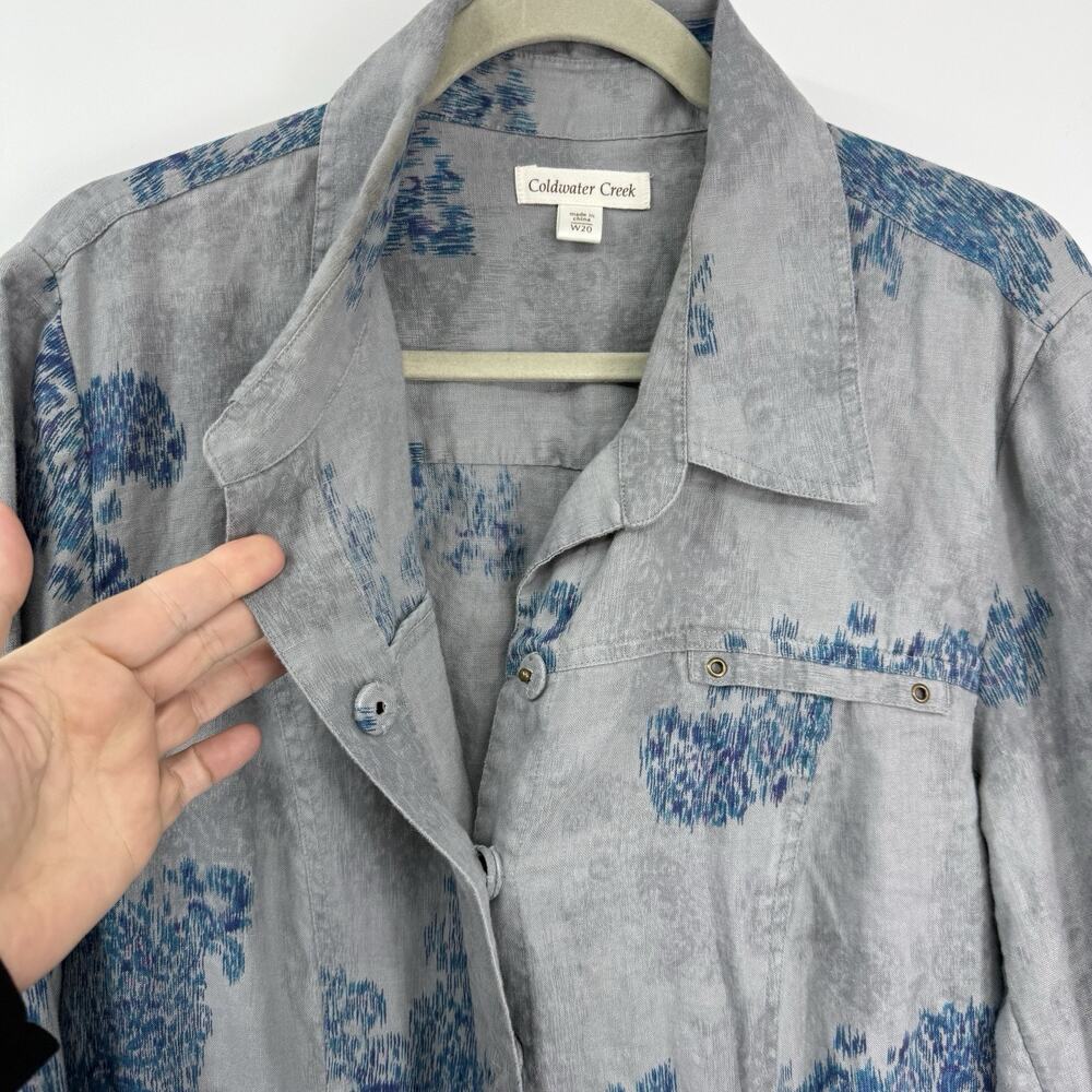 Coldwater Creek 20W Linen Shacket Blue Gray Watercolor Snap Shirt Jacket Boho - Picture 9 of 13